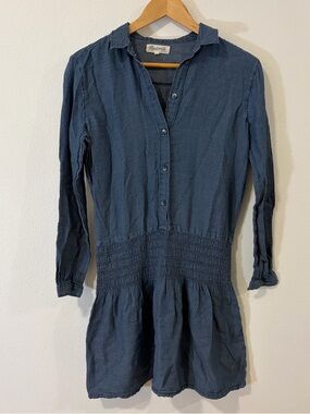 Madewell Navy Button-Front Long Sleeve Smocked Waist Dress